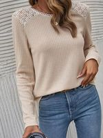Casual Crew Neck Patchwork Lace Texture T-Shirt