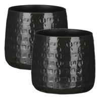 Mica Decorations Plantenpot Floyd - 2x - keramiek - zwart - D17 x H15 cm - uniek relief patroon
