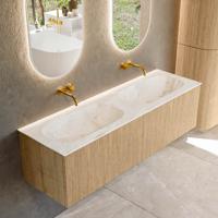 Mondiaz KURVE-DLUX 150 cm Onderkast Greeploos 2 Lades Zonder Deuren Oak, Wastafel Solid Surface Dubbel Frappe 0 Kraangaten Zonder Spiegel (KRVSTS1502L0D0KD-Oak/Fra)