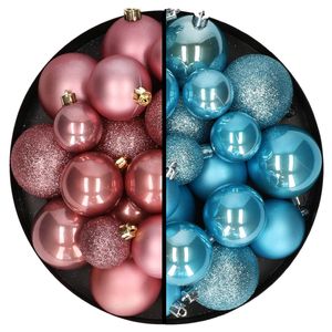 Kerstballen 60x stuks - mix oudroze/ijsblauw - 4-5-6 cm - kunststof - Kerstbal