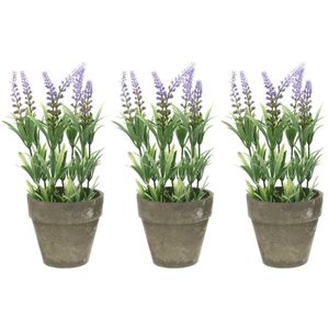 3x Groene/lilapaarse Lavandula/lavendel kunstplanten 25 cm in po