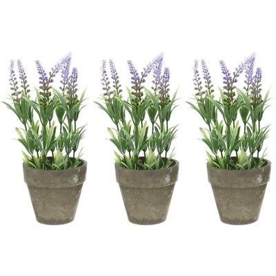 3x Groene/lilapaarse Lavandula/lavendel kunstplanten 25 cm in po