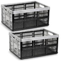 Opvouw krat - 2x - zwart/zilver - 48 x 35 x 24 cm - boodschappen - 32 liter