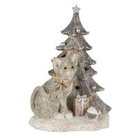 Clayre & Eef Grijze Decoratie kat bij kerstboom LED 12*9*16 cm 6PR4629
