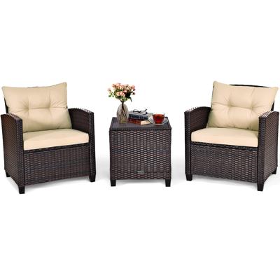 3-delige Patio Set Buiten Rotan Set Tuinmeubelen Rotan met Zitkussen & Salontafel Buitenmeubelset Geel + Bruin
