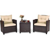 3-delige Patio Set Buiten Rotan Set Tuinmeubelen Rotan met Zitkussen & Salontafel Buitenmeubelset Geel + Bruin