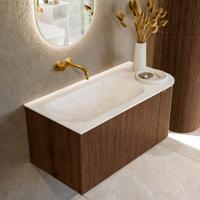 Badmeubel Mondiaz Kurve-Dlux | 95 cm | Meubelkleur Walnut | Wastafelkleur Ostra | Solid surface | Links spoelbak | Zonder kraangat(en) Badmeubel Mondiaz Kurve-Dlux | 95 cm | Meubelkleur Walnut | Wastafelkleur Ostra | Solid surface | Links spoelbak | Zonder kraangat(en)