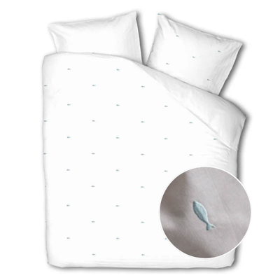 Dekbedovertrek Katoen - Geborduurd - Blue Fin - Lits-Jumeaux (240x240 Cm) - Wit Katoen - Patroon - Fresh And Co - Dekbed-Discounter.nl