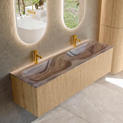 Badmeubel Mondiaz Kurve-Dlux | 150 cm | Meubelkleur Oak | Wastafelkleur Sombra | Solid surface | Wasbak beide zijden spoelbak | 2 kraangaten