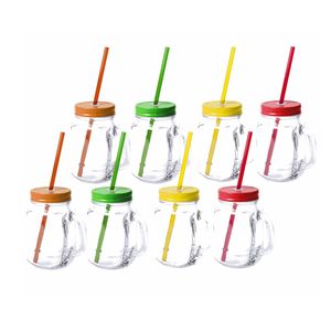 8x stuks Glazen Mason Jar drinkbekers met dop en rietje 500 ml - Drinkbekers