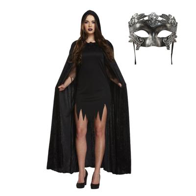Carnaval gemaskerd bal verkleed set - Oogmasker zilver - Lange cape met capuchon zwart - volwassenen