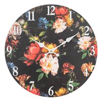 HAES DECO - Wandklok 34 cm Zwart met Bloemen - Wijzerplaat met Cijfers - Ronde MDF Klok - Muurklok - thumbnail