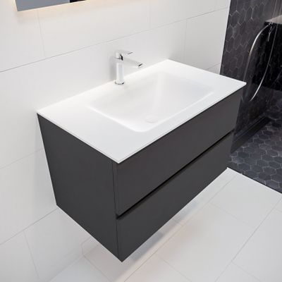 Mondiaz Vica Cloud badmeubel antraciet mat 80 cm 2 lades solid surface enkele spoelbak midden 1 kraangat