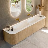 Mondiaz KURVE-DLUX 190 cm Onderkast Greeploos 2 Lades Met Deuren Oak, Wastafel Solid Surface Dubbel Ostra 0 Kraangaten Zonder Spiegel (KRVSTS190L+R2L2D0KD-Oak/Ost)