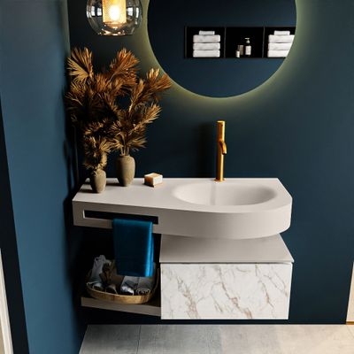 MONDIAZ RIVA 100cm badmeubel onderkast / planchet kleur carrara met 1 lade. Wastafel DULCET rechts 1 kraangat kleur Linen. MONDIAZ RIVA 100cm badmeubel onderkast / planchet kleur carrara met 1 lade. Wastafel DULCET rechts 1 kraangat kleur Linen.