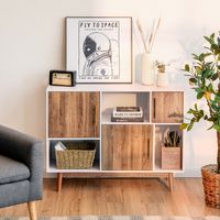 Dressoir Staande Kast Opbergkast Vrijstaande Houten Kast Boekenkast Accentkast voor Woonkamer en Slaapkamer Wit + Koffiebruin