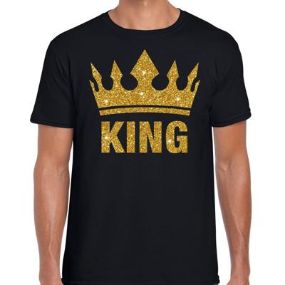Koningsdag verkleed T-shirt heren - zwart - King - glitter goud - kroon