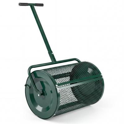 Meststrooier met een Inhoud van 75 L Voorzien van Twee in Hoogte Verstelbare T-handgrepen en een Metalen Mand met een Diameter van 40 cm-Groen