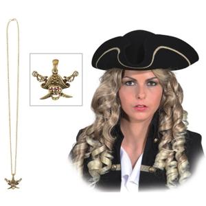 Verkleed set Piraten hoed - zwart/goud - met gouden piraten ketting - heren/dames