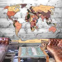 Zelfklevend fotobehang - Wereldkaart op houten planken (hout look), Premium print - thumbnail