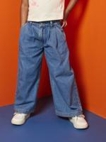 Wijde jeans met plooien voor meisjes middenblauw