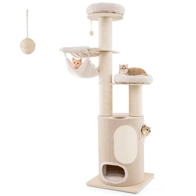 187 cm Hoge Houten Kattenboom met Hangmatten 2 Zitstokken Sisal-Krabpalen Mat en Bal Wasbare Kussens 6-Laags Klimmeubilair