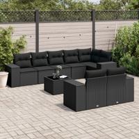 9-delige Loungeset met kussens poly rattan zwart