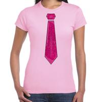 Verkleed t-shirt voor dames - stropdas glitter roze - licht roze - carnaval - foute party