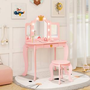 Kinderkaptafelset met Verlichte Spiegel Tafel- en Krukset 3-Delige Opvouwbare Spiegel Verstelbare Helderheid Wit / Roze