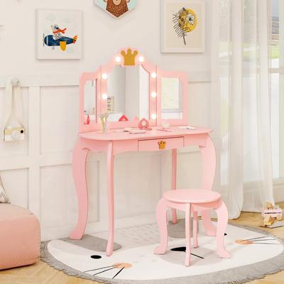 Kinderkaptafelset met Verlichte Spiegel Tafel- en Krukset 3-Delige Opvouwbare Spiegel Verstelbare Helderheid Wit / Roze