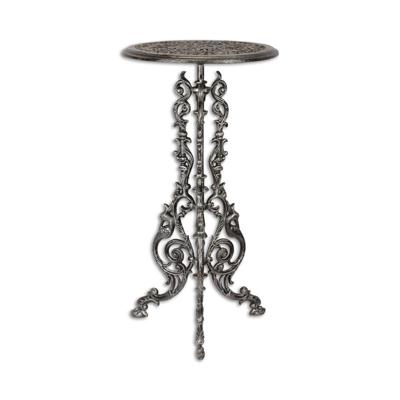 A CAST IRON PLANT TABLE, OLD SILVER