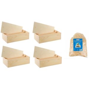 4x Houten wijnkist/verpakking met schuifdeksel/300 gram houtwol   -