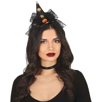 Halloween heksenhoed - mini hoedje op diadeem - one size - zwart/oranje - meisjes/dames   -