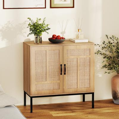 Rieten Sideboard met 3-voudig Verstelbaar Rek & 2 Deuren Boho Buffet Accentkast Natuur