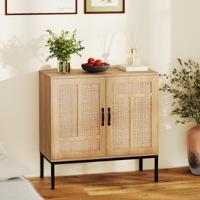 Rieten Sideboard met 3-voudig Verstelbaar Rek & 2 Deuren Boho Buffet Accentkast Natuur