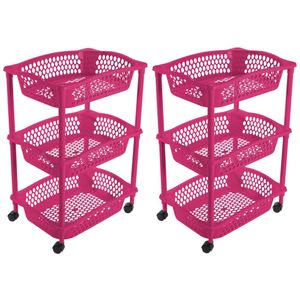 2x stuks keuken opberg trolleys/roltafels met 3 manden 62 cm fuchsia roze