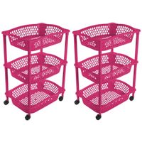 2x stuks keuken opberg trolleys/roltafels met 3 manden 62 cm fuchsia roze