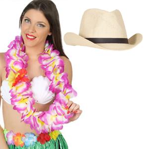 Carnaval verkleedset - Tropical Hawaii party - stro cowboy hoed - en volle bloemenslinger paars