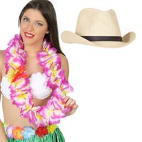 Carnaval verkleedset - Tropical Hawaii party - stro cowboy hoed - en volle bloemenslinger paars - thumbnail