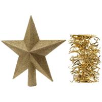 Kerstversiering kunststof glitter ster piek 19 cm en golf folieslingers pakket goud van 3x stuks - kerstboompieken - thumbnail