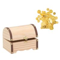 Houten piraten schatkist 18 x 13 cm met 100x plastic gouden piraten geld munten