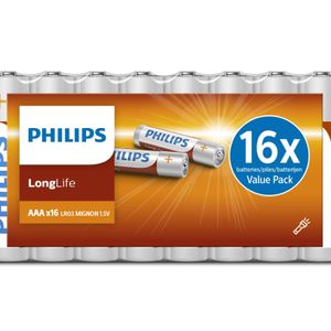 Philips AAA LongLife Batterijen - RO3 Micro 1.5 V LongLife - Alkaline Batterijen Voordeelverpakking 16 Stuks