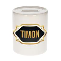 Spaarpot met voornaam Timon - wit - goud/zwart embleem - 8 x 9 cm - keramiek - afsluitdop