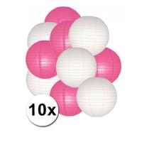 Party Lampionnen pakket - fuchsia roze en wit - 10x stuks - Dia 25 cm - Versiering - Buiten/Binnen