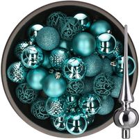 37x stuks kunststof kerstballen 6 cm turquoise incl. glazen piek glans zilver - thumbnail