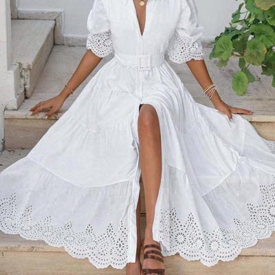 White Eyelet Embroidery Cotton Maxi Shirt Dress with Puff Sleeves L