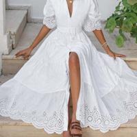 White Eyelet Embroidery Cotton Maxi Shirt Dress with Puff Sleeves L