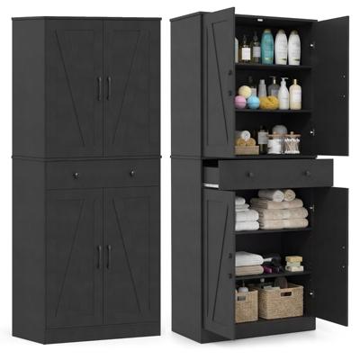 183 cm Hoge Keukenkast in Eigentijdse Landelijke Stijl met Lades Drie Verstelbare Planken en Twee Kantelbeveiligingen Zwart