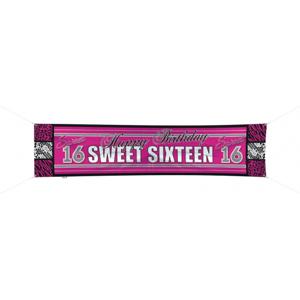 Sweet 16 verjaardag thema spandoek - roze/zwart - 180 x 40cm - 16e verjaardag versiering