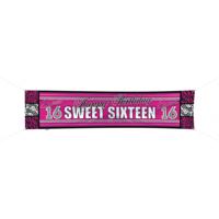 Sweet 16 verjaardag thema spandoek - roze/zwart - 180 x 40cm - 16e verjaardag versiering